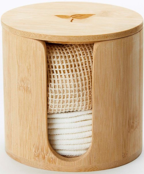 En rund träbehållare med en öppning i toppen som visar en handduk eller tyg inuti.