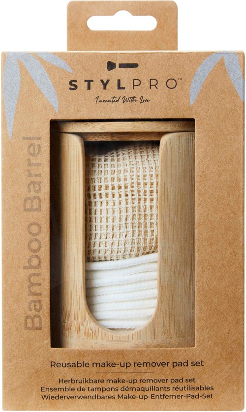 Ett återanvändbart make-up-remover pad set i bambu och tyg, i en kartong med genomskinligt fönster och varumärke.
