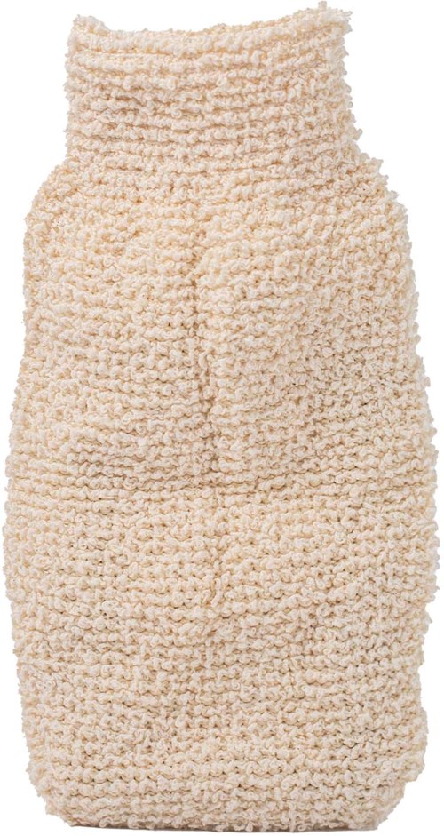 A beige, textured, padded bag with a rounded shape and a high, fluffy top.
