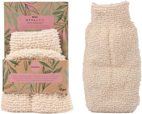 A bath wash mitt and a textured pouch in beige color, displayed on a floral themed cardboard box.
