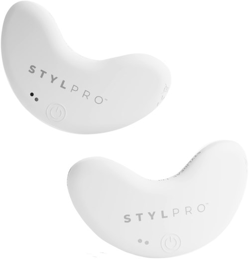 Zwei weiße gewölbte Geräte mit der Aufschrift STYLPRO, mit Ein/Aus-Schaltern und kleinen Lichtern.
