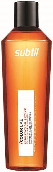En lang, orange flaske med sort låg, mærket "subtil" og "ColorLab" til hårfarve.