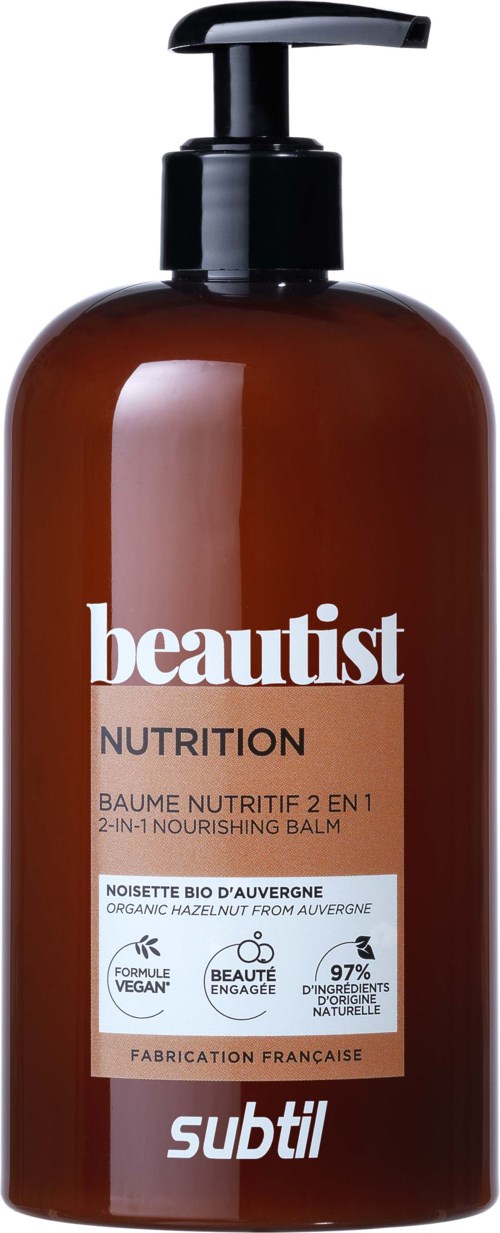 Ruskea pullo pumppaus-tikulla, merkintä 'Beautist Nutrition' ja tietoa orgaanisista aineksista ja vegaanisesta koostumuksesta.