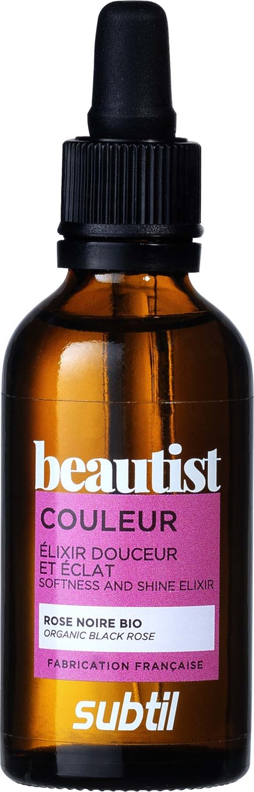 Kleine bruine fles met zwarte druppelaar, roze en witte label, merknaam 'beauitst' en beschrijvingen in het Frans.