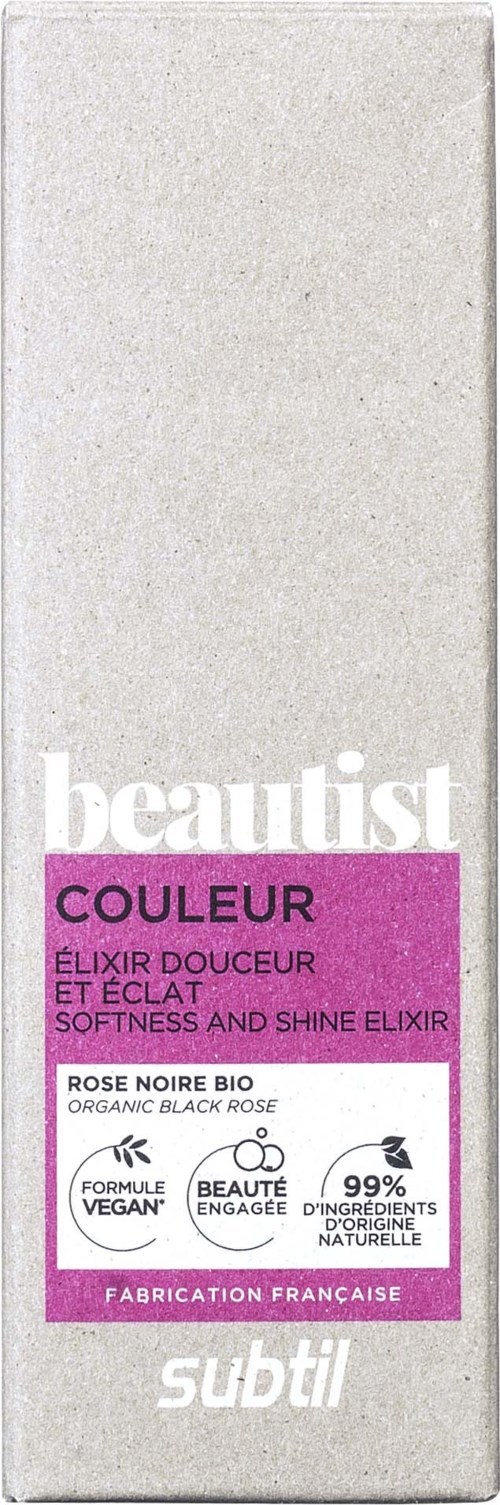 Een huidverzorgingsdoos met wit, paars en zwart. Bevat woorden zoals 'beauté', 'COULEUR' en 'subtil'.