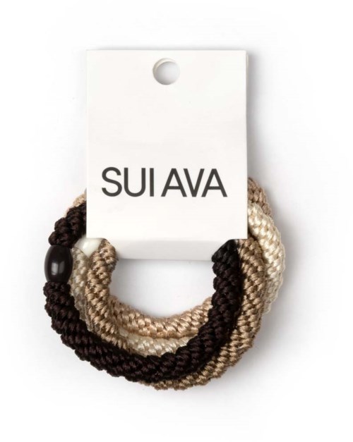 Par of braided beige and dark brown fabric bracelets attached to a white card with the text 'SUI AVA'.