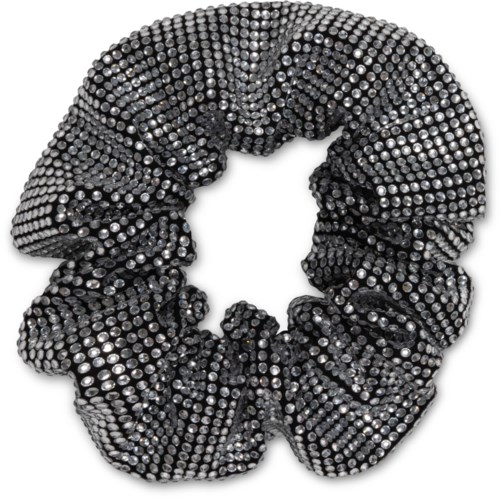 A black scrunchie decorated with many shiny silver or rhinestone-like beads forming a sparkling pattern.