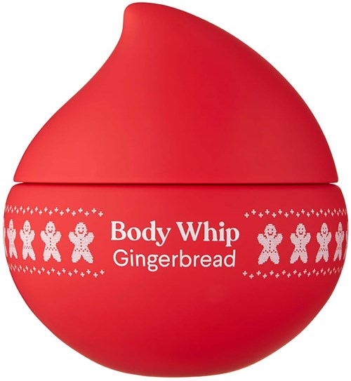 Punainen purkki, jossa on kansi, nimeltä 'Body Whip Gingerbread', koristeltu piparkakkutalon kuvioilla.