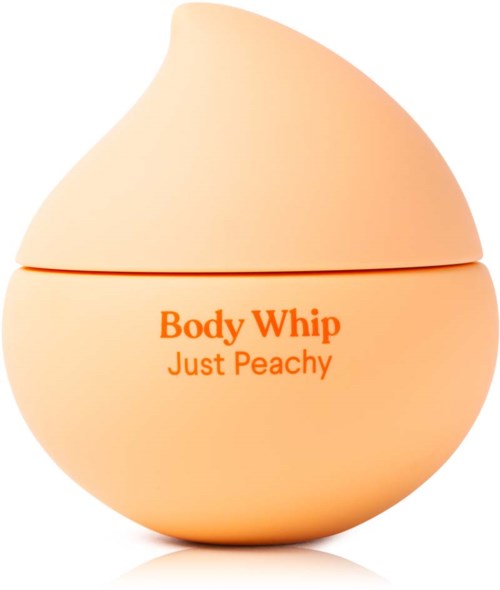 Pomarańczowe pojemnik z podziałem, oznaczony napisem "Body Whip Just Peachy" w pomarańczowym tekście.