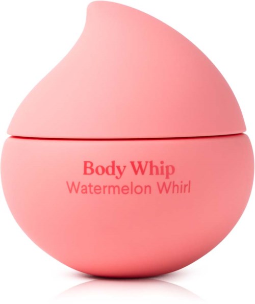 A pink container shaped like a watermelon with a lid, labeled 'Body Whip Watermelon Whirl'.