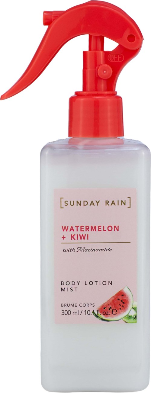 Kroppslotion i sprayflaske med rød dyse, merket med vannmelon og kiwi duft, 300 ml.