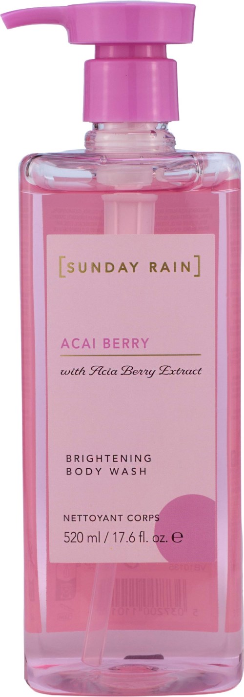Pink bottle of brightening body wash, label shows a brand called Sunday Rain with Acai Berry scent.