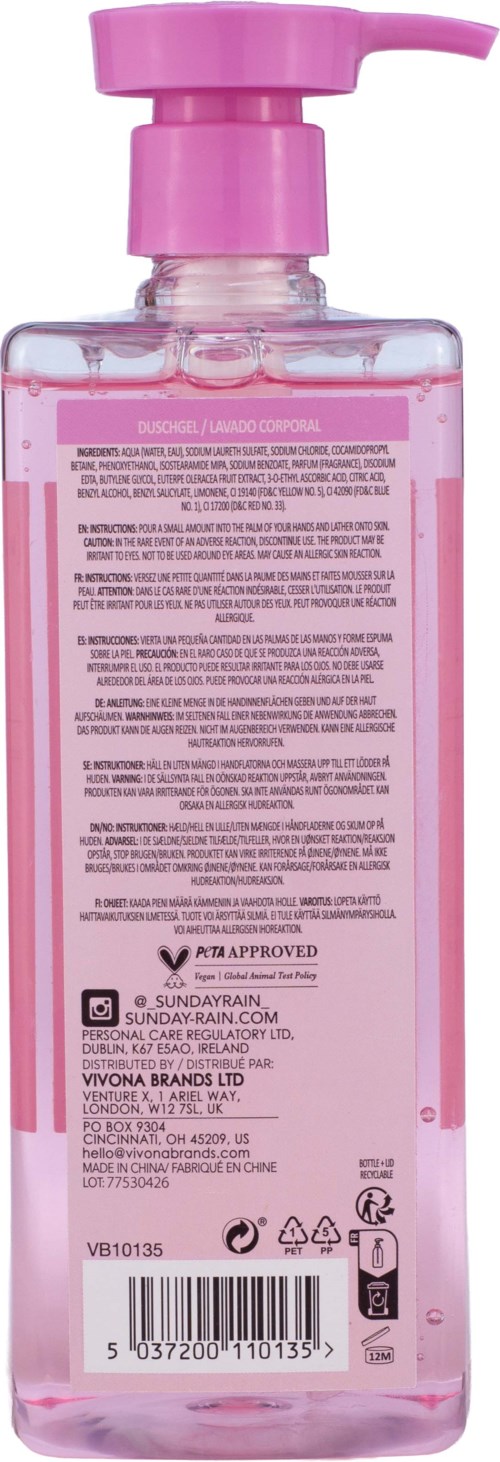 Pink transparent pump bottle with product label and printed text on the back.