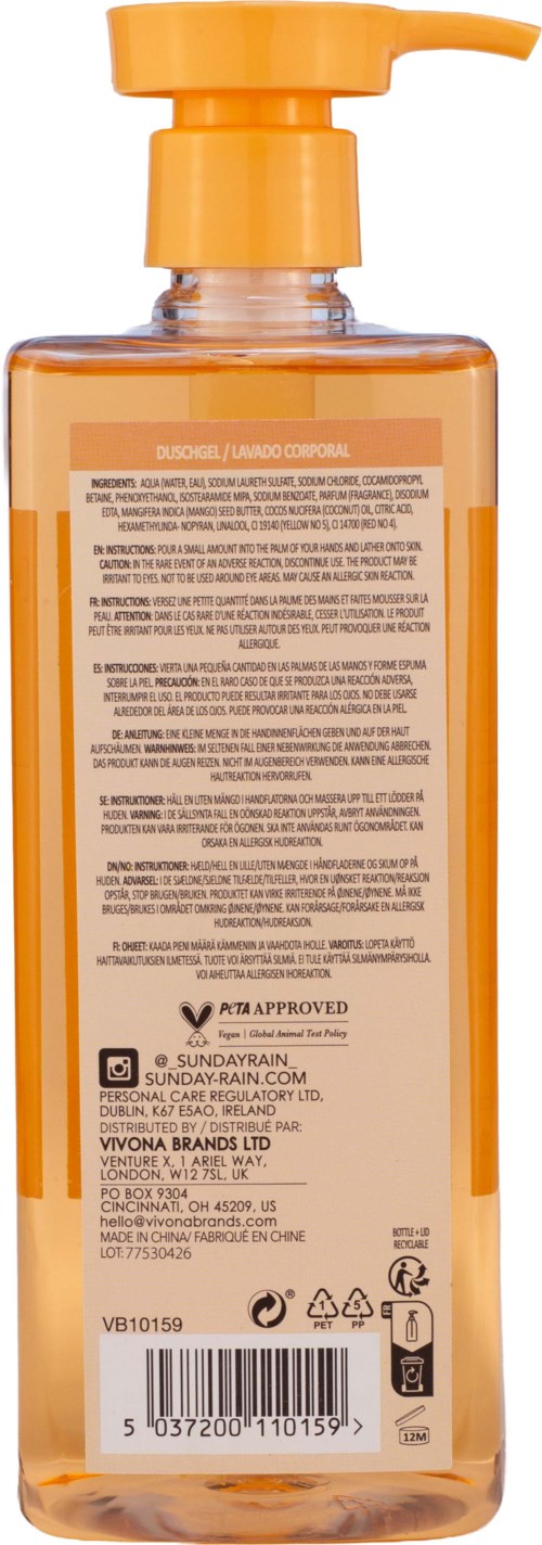 Bagsiden af en gennemsigtig orange pumpeflaske med etikette med ingredienser og stregkode.