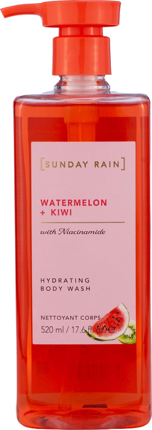 Rosa kroppsvaskflaske med pumpe, merket vannmelon og kiwi duft, med bilde av vannmelon og kiwiskiver.