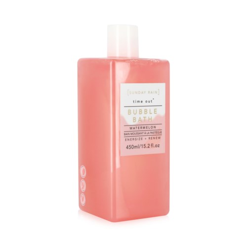 En rosa flaska med vit lock, märkt som vattenmelonsmakande bubbelbad, 450 ml. Enkel och ren design.