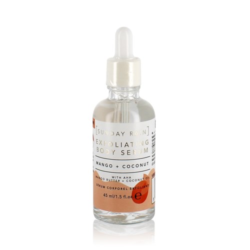 En tydlig flaska med droppkork, märkt som exfolierande kroppssyraval med mango och kokos, 45 ml storlek.