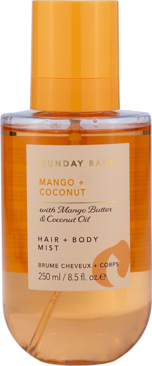 A transparent spray bottle with orange cap containing Summer Rain Mango + Coconut hair and body mist.