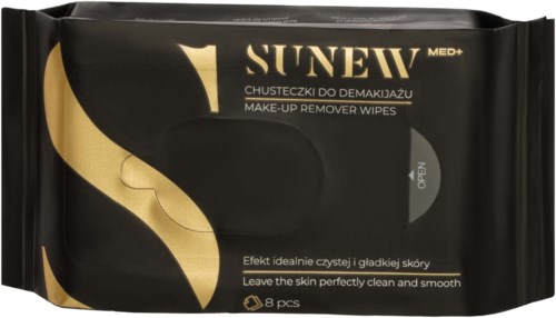 Makeup remover wipes i svart och guld förpackning märkt SUNEW, med åtta stycken för ren och slät hud.