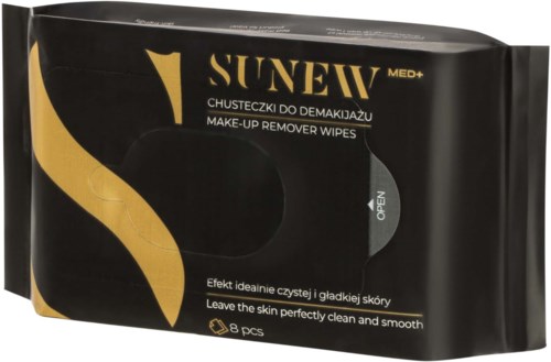 Svart förpackning med Sunew-fjällrengöringsservetter, guld- och vitdesign, visar 8 stycken, för rengöring av huden.