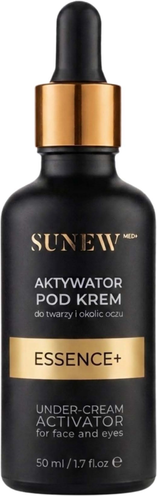 Svart flaska med gyllene och svart pipettlock, märkt Sunew essence+ under-cream aktivator för ansikte och ögon.