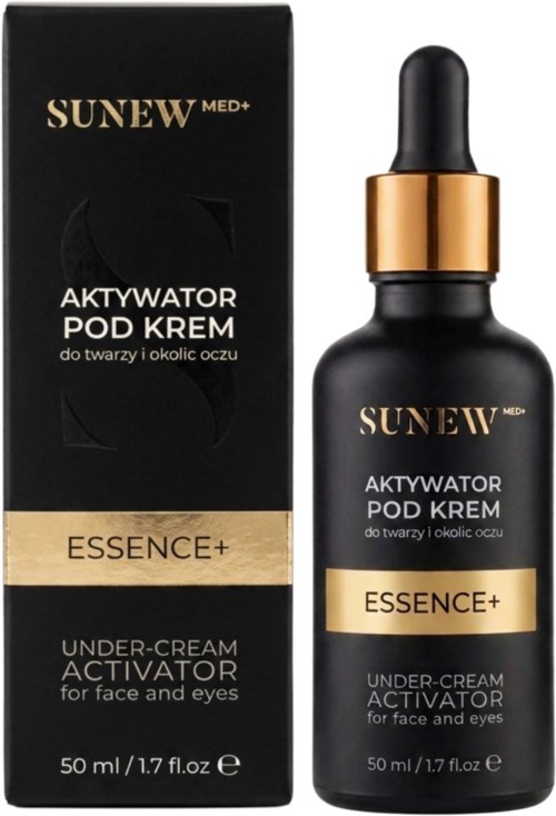 Svart flaska med guldlock och pipett, märkt Sunew Med Essence Plus Under-Cream Activator för ansikte och ögon.