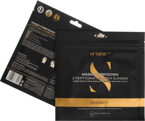 Svart påse med gyllene och vita bokstäver, märkt som en hybrid ansiktsmask med peptid och snigelslem, och märket Sunew.