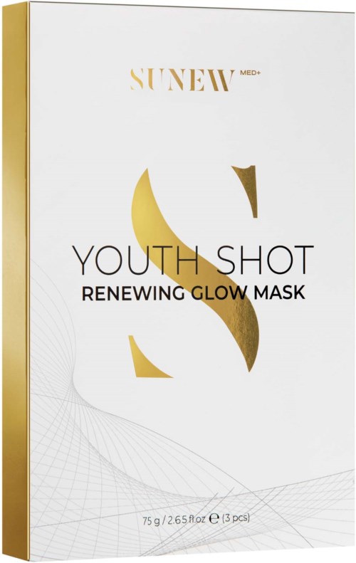 Förpackning av Youth Shot återfuktande glow mask med gul och vit design och produktinformation.