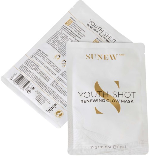 Två påsar med Sunew Youth Shot förnyande glow mask med guld- och svart text på vit bakgrund.