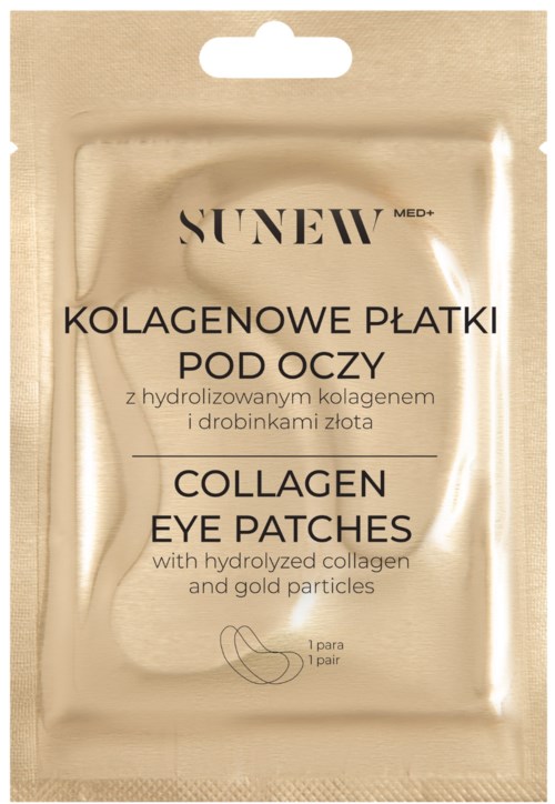 Goldfarbige Verpackung mit Kollagen-Augenpads mit Text auf Polnisch und Englisch.