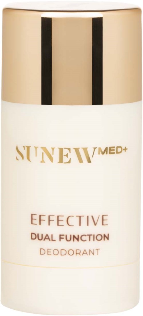 Sunew Med+ effektiv deodorant med dubbelfunktion i en vit och guld behållare.