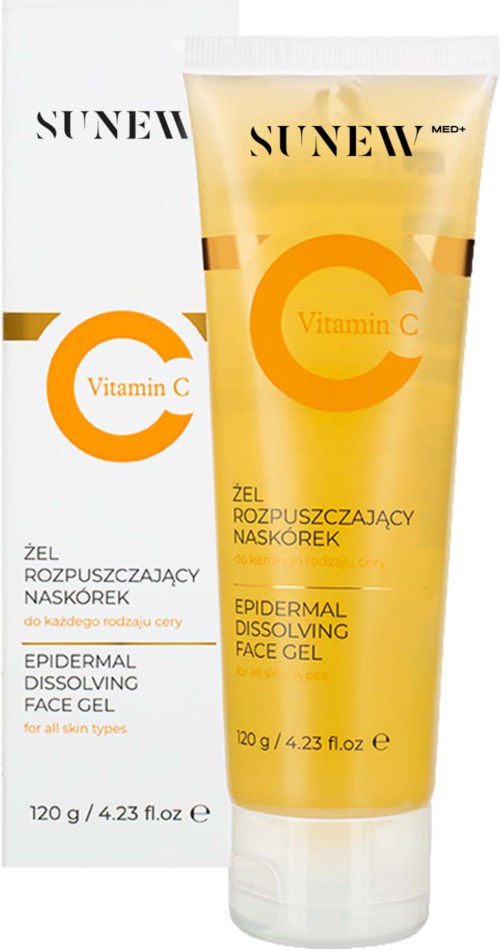 Rör av Sunew epidermal upplösande ansiktsgel bredvid sin förpackning, båda med Vitamin C-märkning och gul design.