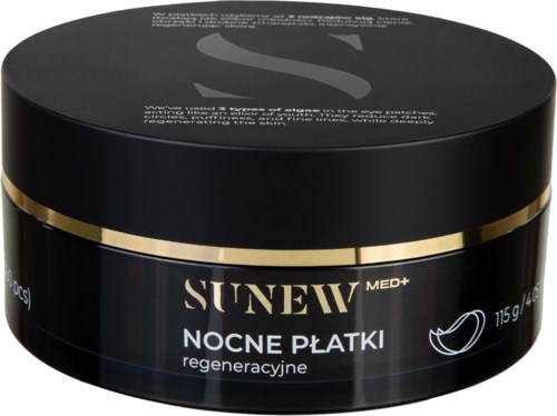 Svart burk med SUNEU Med+ nattkräm med guldig rand, 155 g, märkt för återhämtning.