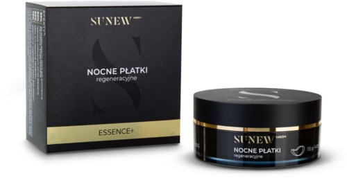 En svart burk och ask med Sunew hudvårdsprodukt med guldaccenter, märkt Nocne Platki, Regeneracyjne, Essence+.