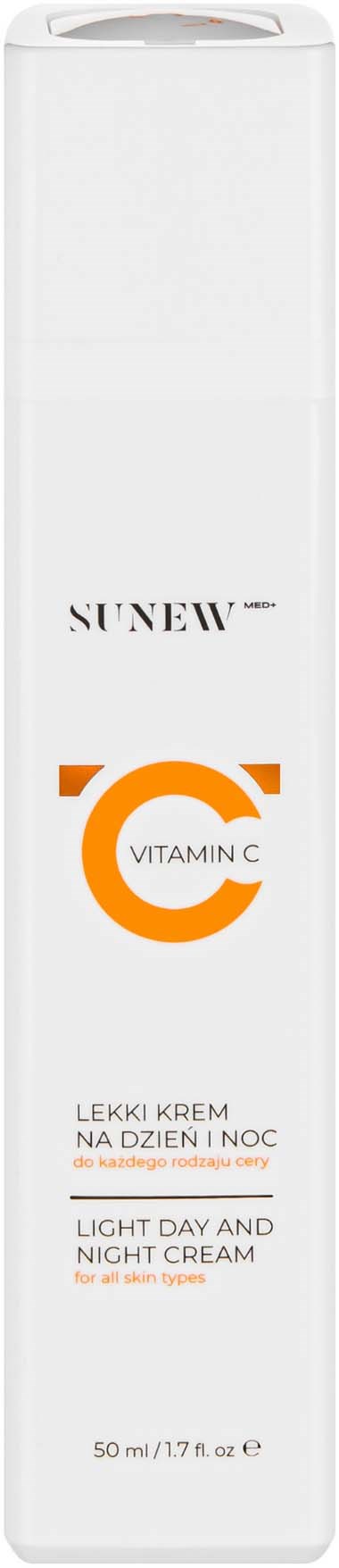 Hög vit flaska med Sunew vitamin C dag- och nattkräm för alla hudtyper. Används dagtid och natt.