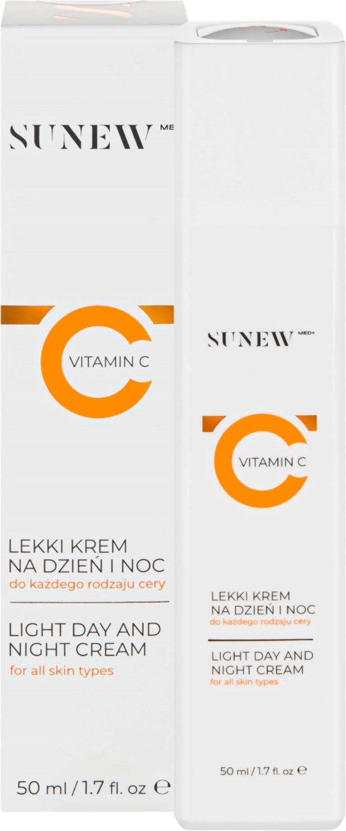 Förpackning av Sunew Vitamin C lätt dag- och nattkräm för alla hudtyper, 50 ml.