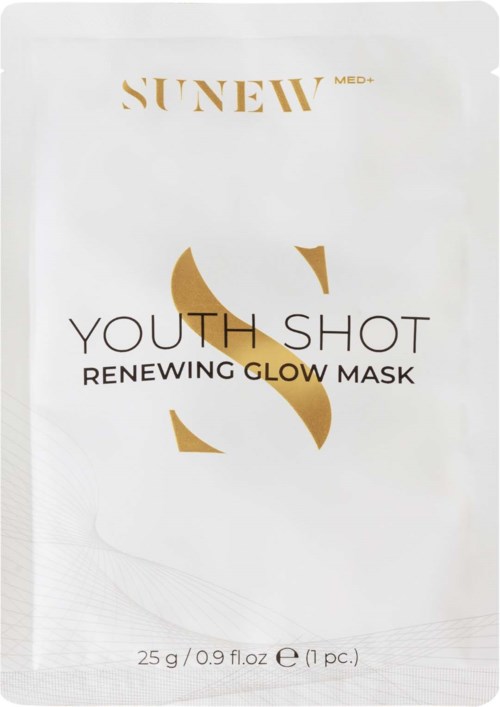Sunew Youth Shot Renewing Glow Mask förpackning med guld- och svart text på vit bakgrund.