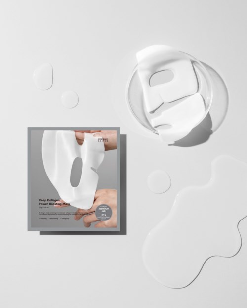 Eine Gesichtsmasken-Verpackung, eine weiße Maske und eine Schüssel mit Maske auf weißem Hintergrund.