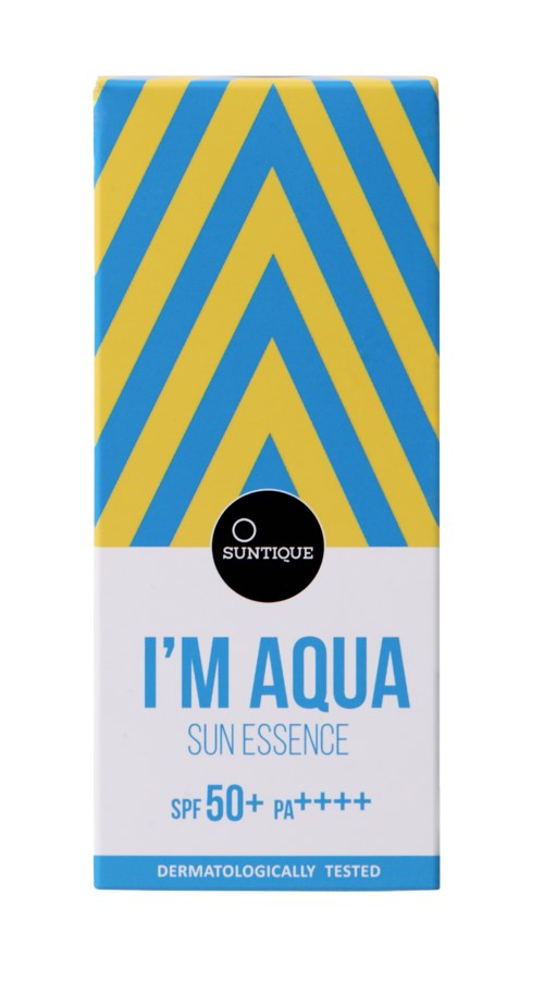 A sunscreen box features blue and yellow stripes on top, with product name, SPF 50+, and dermatologically tested label below.