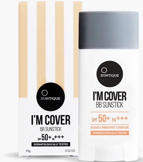 A sunscreen stick with SPF 50+ and PA++++, labeled 'I'm Cover' by Suntique, in a white and gray container.
