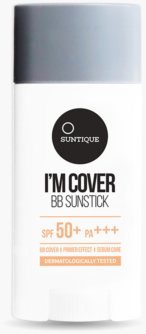 A white and gray sun protection stick with SPF 50+ and PA++++, labeled as BB Sunstick by SunTique.