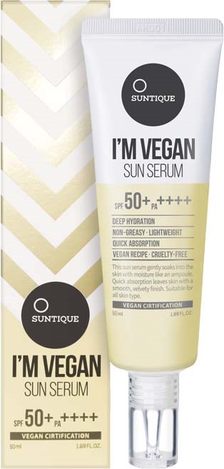 A tube of vegan sun serum with SPF 50+ and PA++++, labeled as cruelty-free and quick absorption.