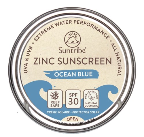 Suntribe Zinksolkräm Ocean Blue med SPF 30, med reef-säker och naturliga ingredienser, stängt behållare och havsvågsdesign.