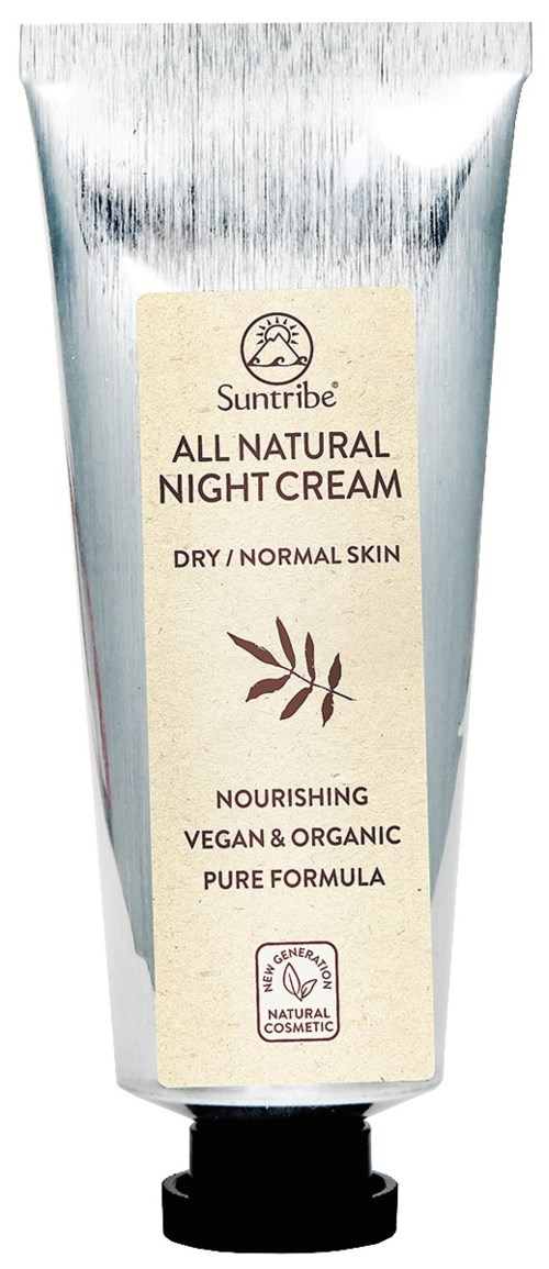 En silverrör av Suntribe All Natural Night Cream för torr hy, vegansk, ekologisk och närande.
