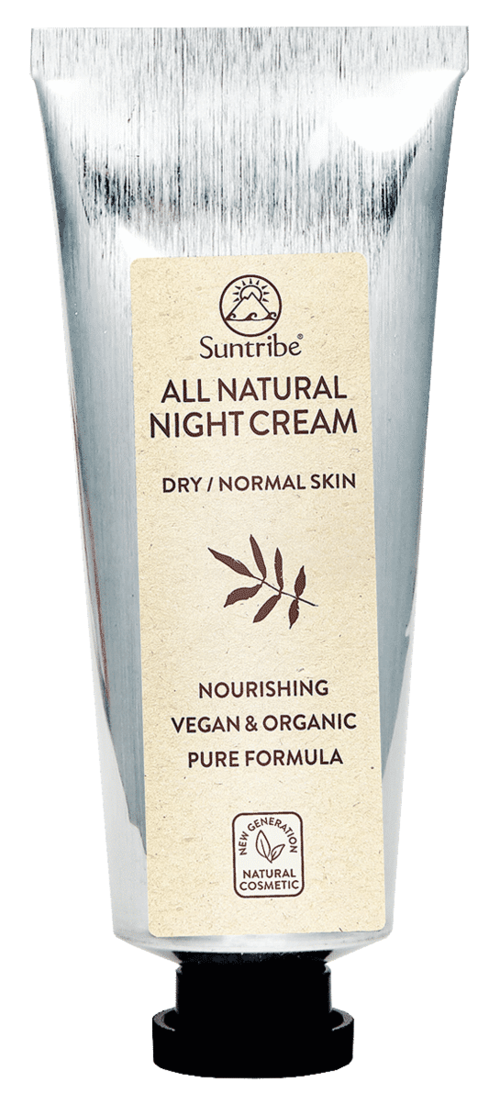 Silvertub med Suntribe helt naturlig nattkräm för torr och normal hud, närande, vegansk, ekologisk, med en enkel etikett.