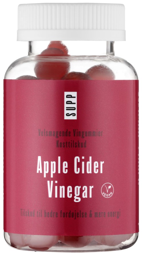 En flaske merket 'Apple Cider Vinegar' med rosa og hvitt og en hvit kapsel.