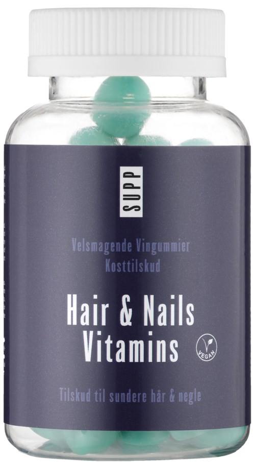 Flesje met vitaminen voor haar en nagels met een donkerblauwe label en lichtblauwe tabletten.