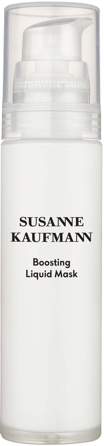 En vit flaska med pump, märkt Susanne Kaufmann Boosting Liquid Mask, troligen en hudvårdsprodukt.