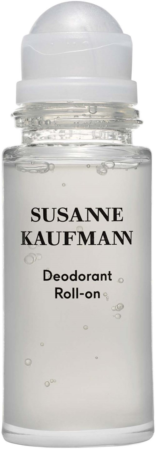 En klar roll-on deodorantflaska med vit lock, märkt 'Susanne Kaufmann' och 'Deodorant Roll-on.'