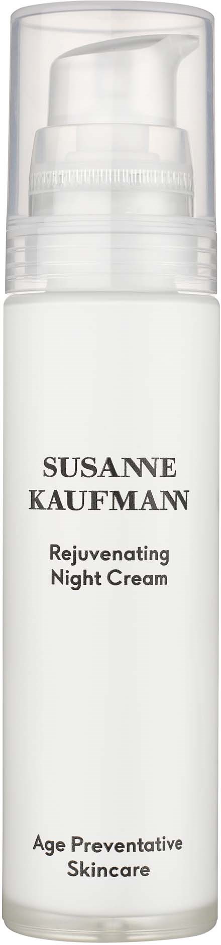 Valkoinen pumppupullo, jossa lukee "Susanne Kaufman Rejuvenating Night Cream" ihonhoitoon.
